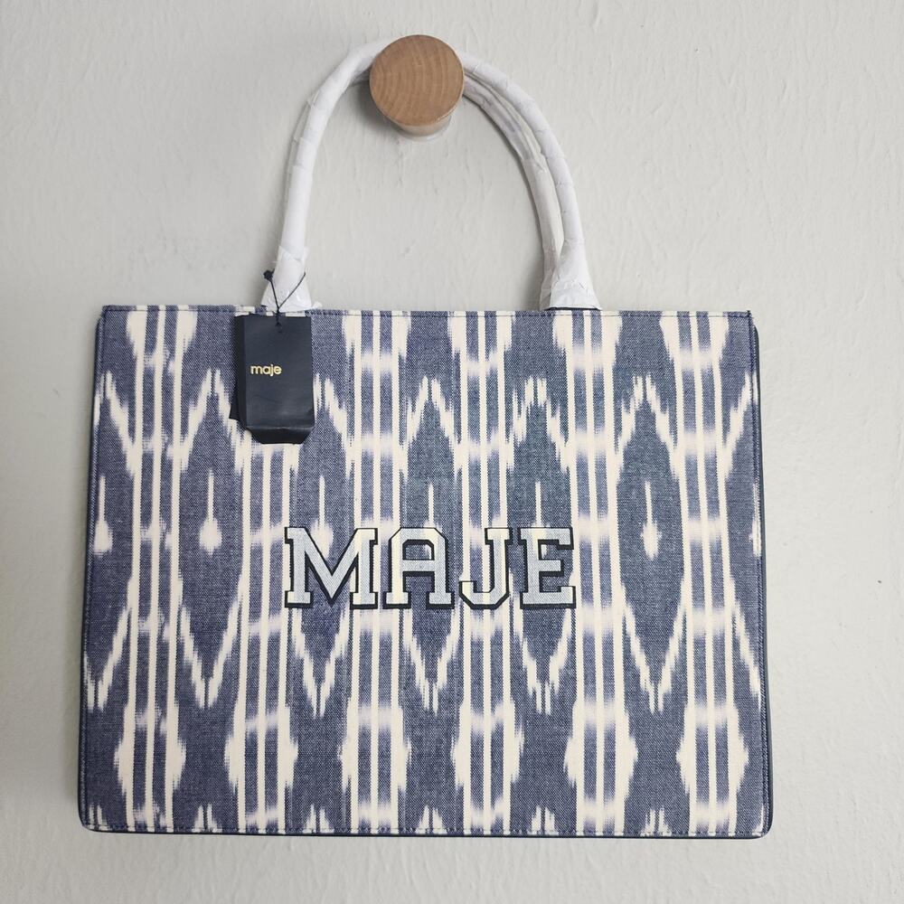NWT Maje Paris Large Tie Dye Canvas Tote Bag Blue Marine Navy Leather Handle